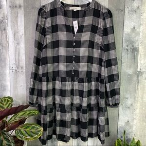 LOFT Black White Plaid Tiered Dress Button Front Size 2 Runs Big